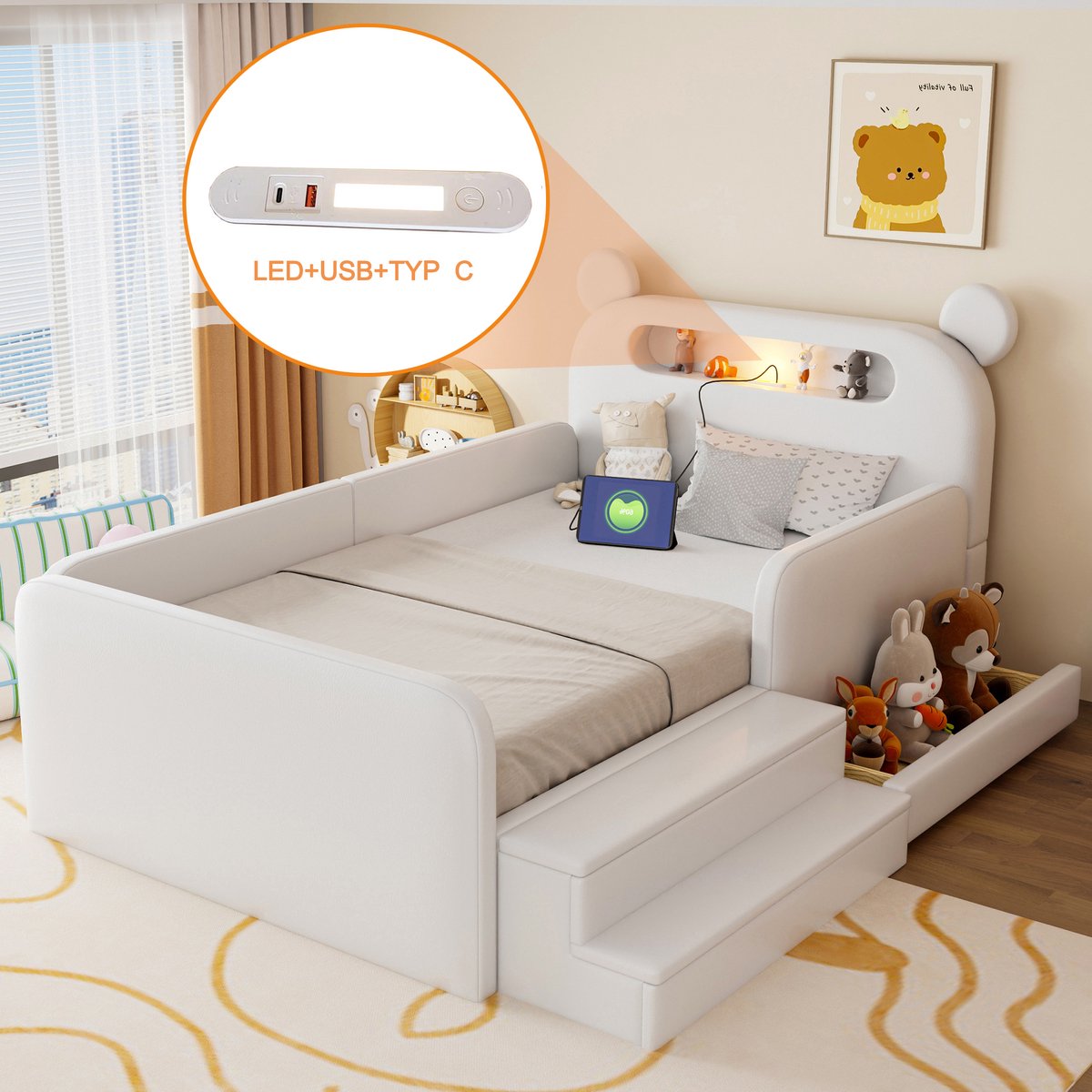 VVBV Bed met Opbergruimte 90x200 – Gestoffeerd Tweepersoonsbed van Upholstered met Opbergruimte, Lades, Opberghoofdbord en USB – Minimalistisch – Wit