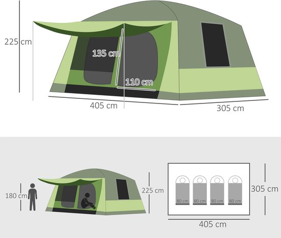 Emvae Tent - 4 Personen - Kampeertent - Familietent - 2 Slaapcabines - 410 x 310 x 225 cm - Polyester - Geelgroen — afbeelding 5