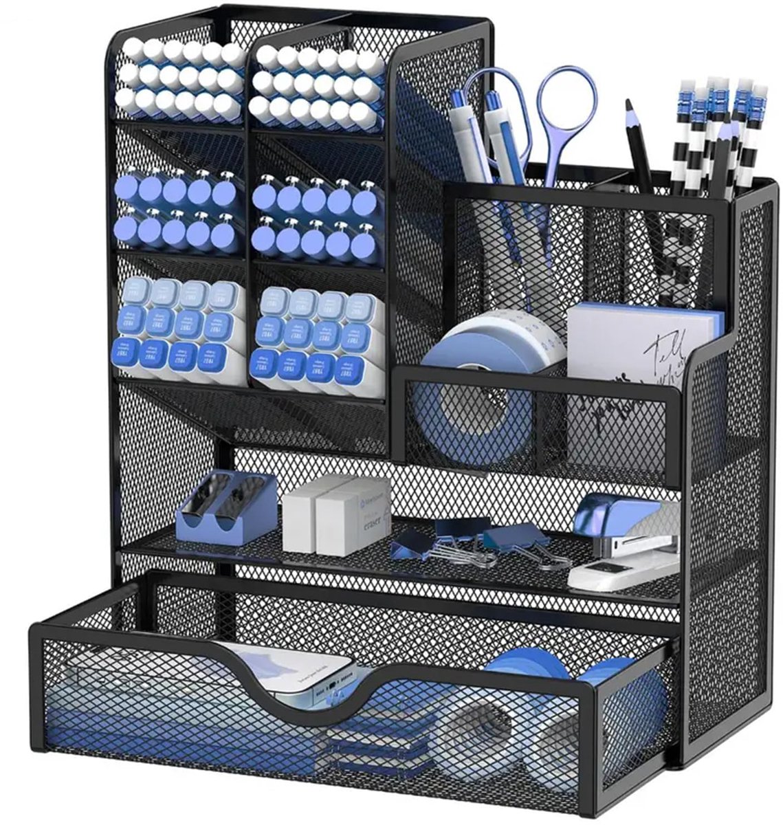Metalen Mesh Pennenhouder met Lade - Multifunctionele Bureau Organizer - Opbergbakje voor Pennen, Potloden & Kantooraccessoires - Voor Kantoor, School & Studiekame