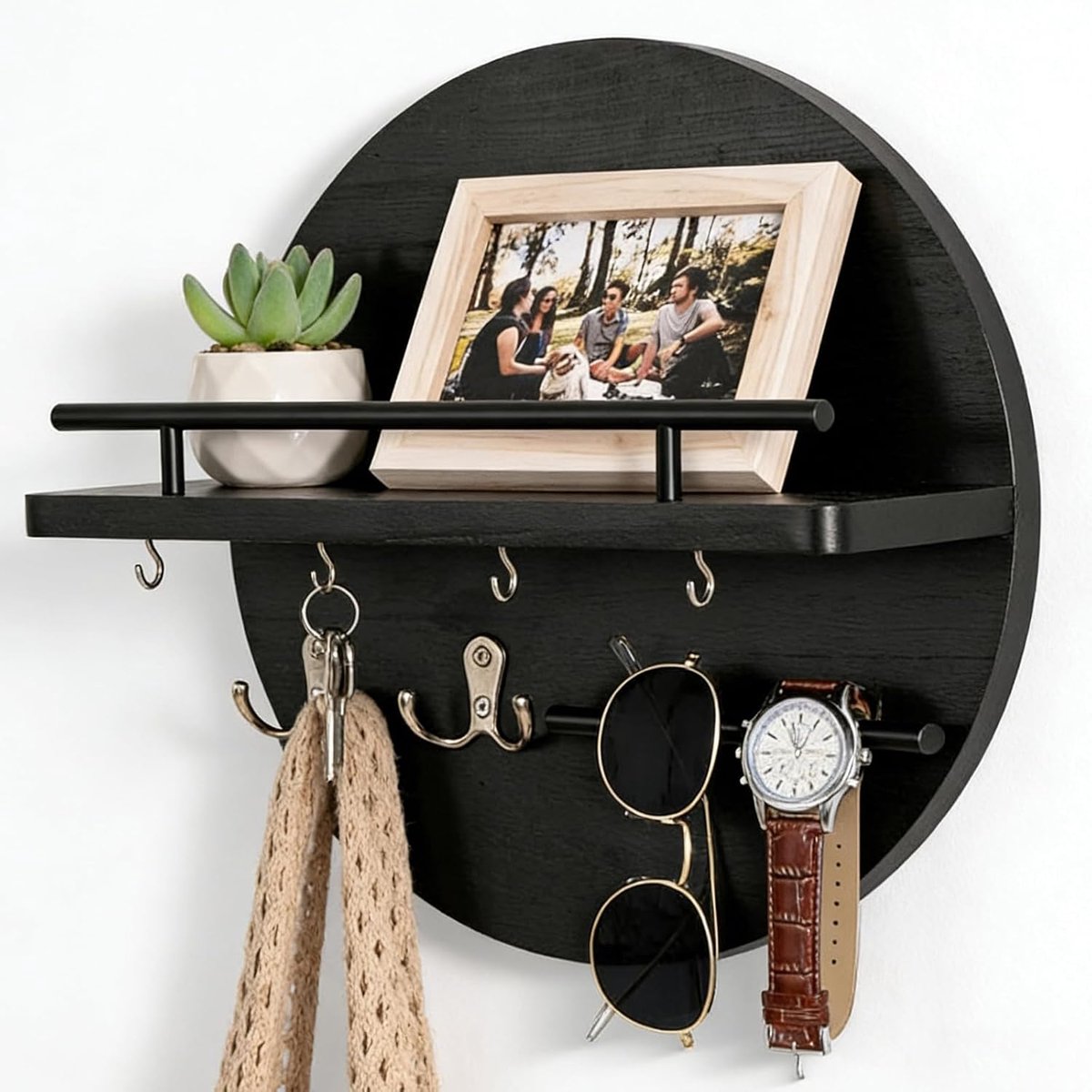 Sleutelrek met plank, vintage sleutelrek, houten sleutelkast met sleutelhaken, ronde sleutelhouder met 6 sleutelhaken voor woonkamer, kantoor, keuken, slaapkamer, hal (zwart)