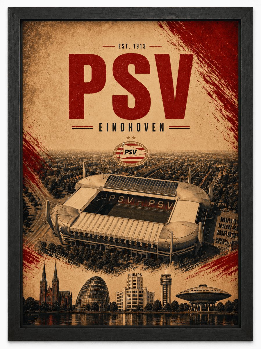 PSV Eindhoven Poster | Philips Stadion Vintage Art Print | Retro Voetbal Poster | Inclusief Zwarte A3 Lijst