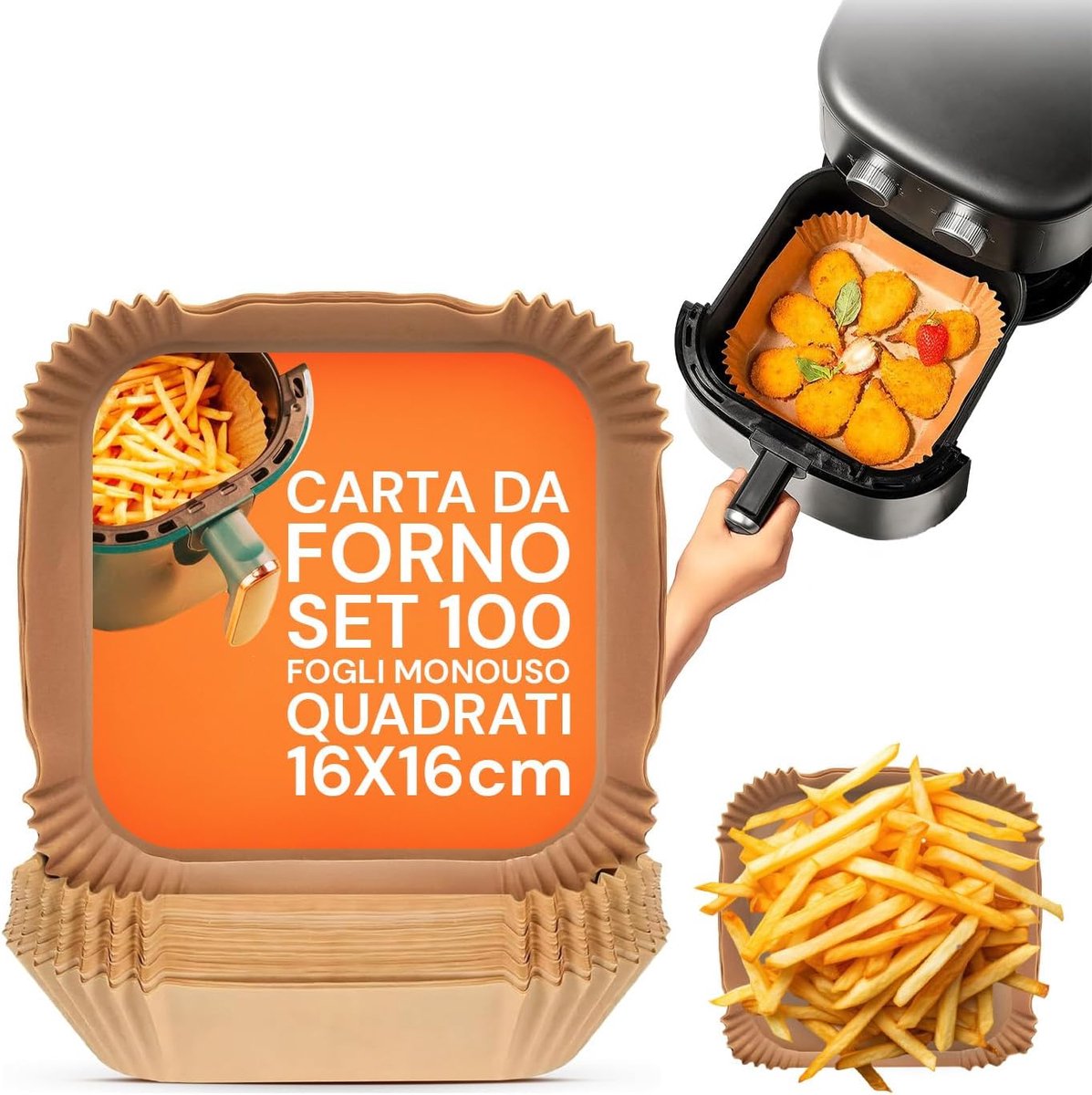 50 stuks bakpapier voor luchtfriteuse, bakplaat voor luchtfriteuse, bakpapier voor luchtfriteuse, met antiaanbaklaag (vierkant, 16 cm)