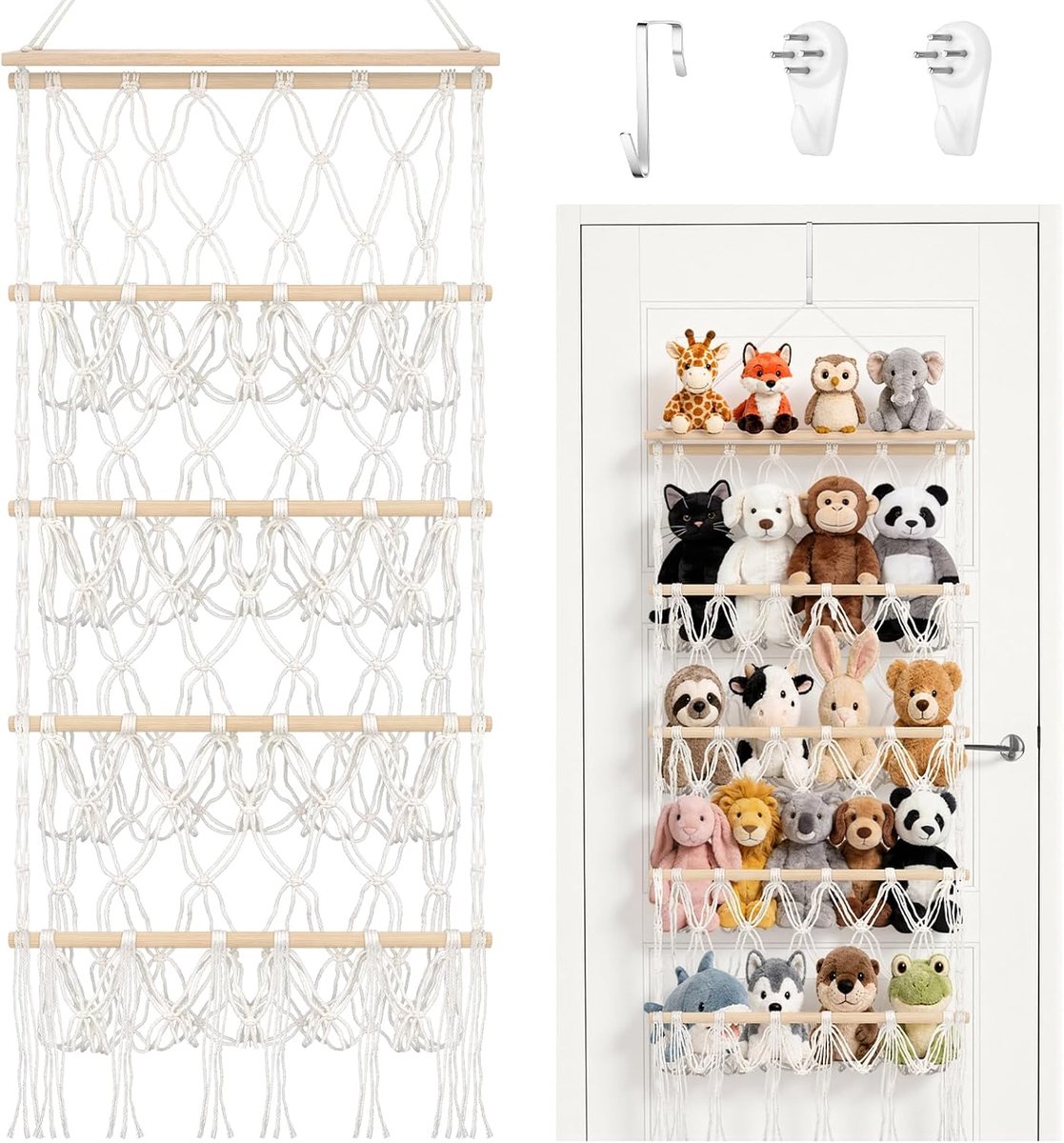 Opslag net aan de deur hangend katoen knuffeldier net | 42 cm macramé boho knuffeldier-organizer, hangende ademende nettas voor kinderkamer, slaapkamer, woonkamer