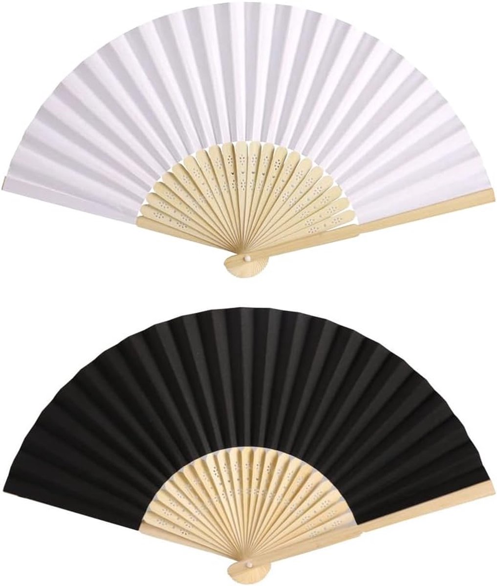 Set van 2 opvouwbare handwaaiers, zwart en wit, elegante Japanse stijl, perfect voor bruiloft, feest, dans en doe-het-zelf decoratie