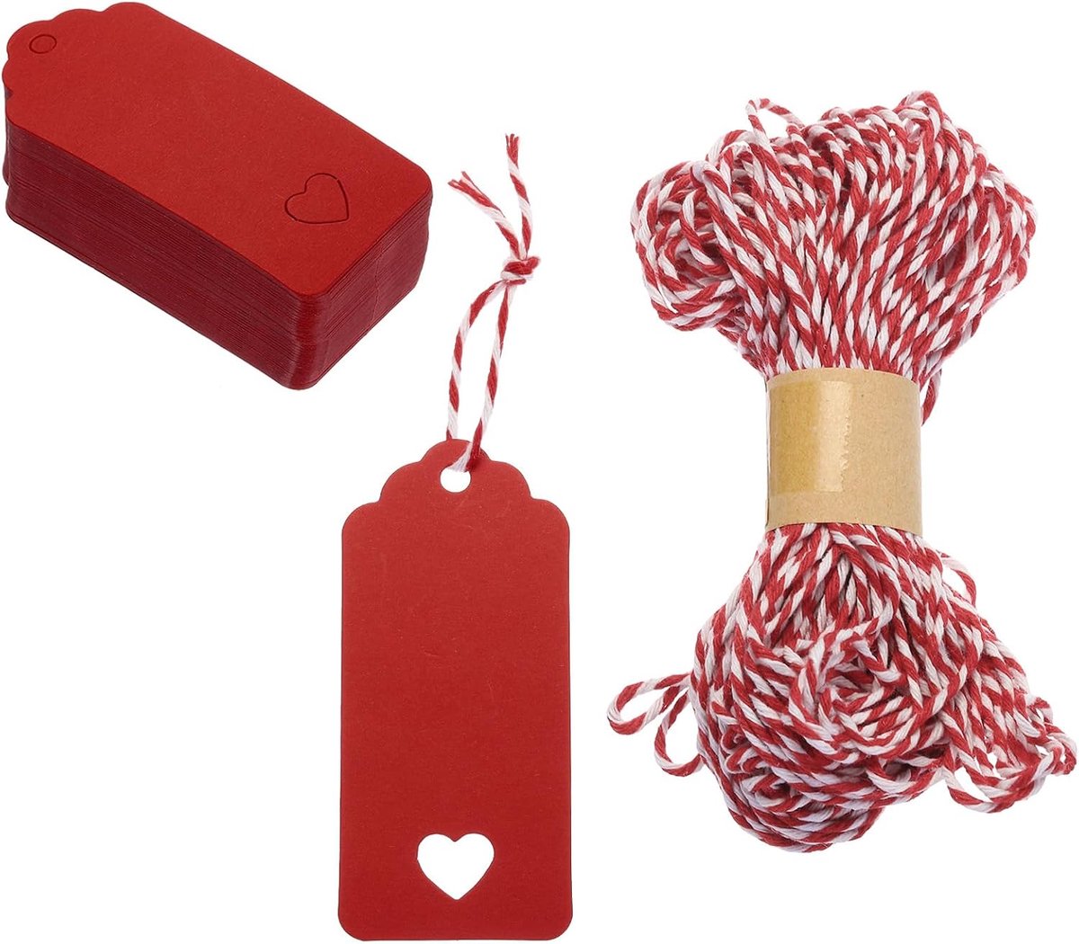 Prijskaartje, holle hart, beschrijfbare etiketten, display label, 9,7 x 4,5 cm, rode hanger voor zelfgemaakte kleding met nylondraad, set van 100 stuks