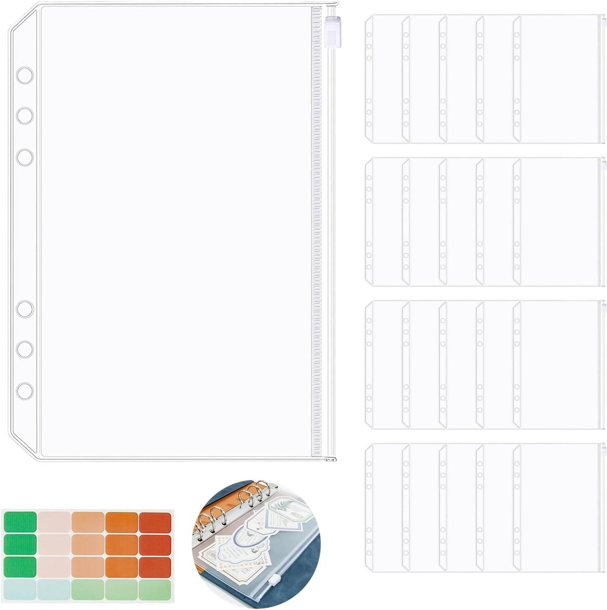 20 stuks A5 Binder Zakken, 6 gaten doorzichtige PVC Binderzakken met 1 zelfklevende etiket, ritssluiting Losse Bladzakken voor A5 Notebook-Binder Documenten Notitieboeken Kaarten
