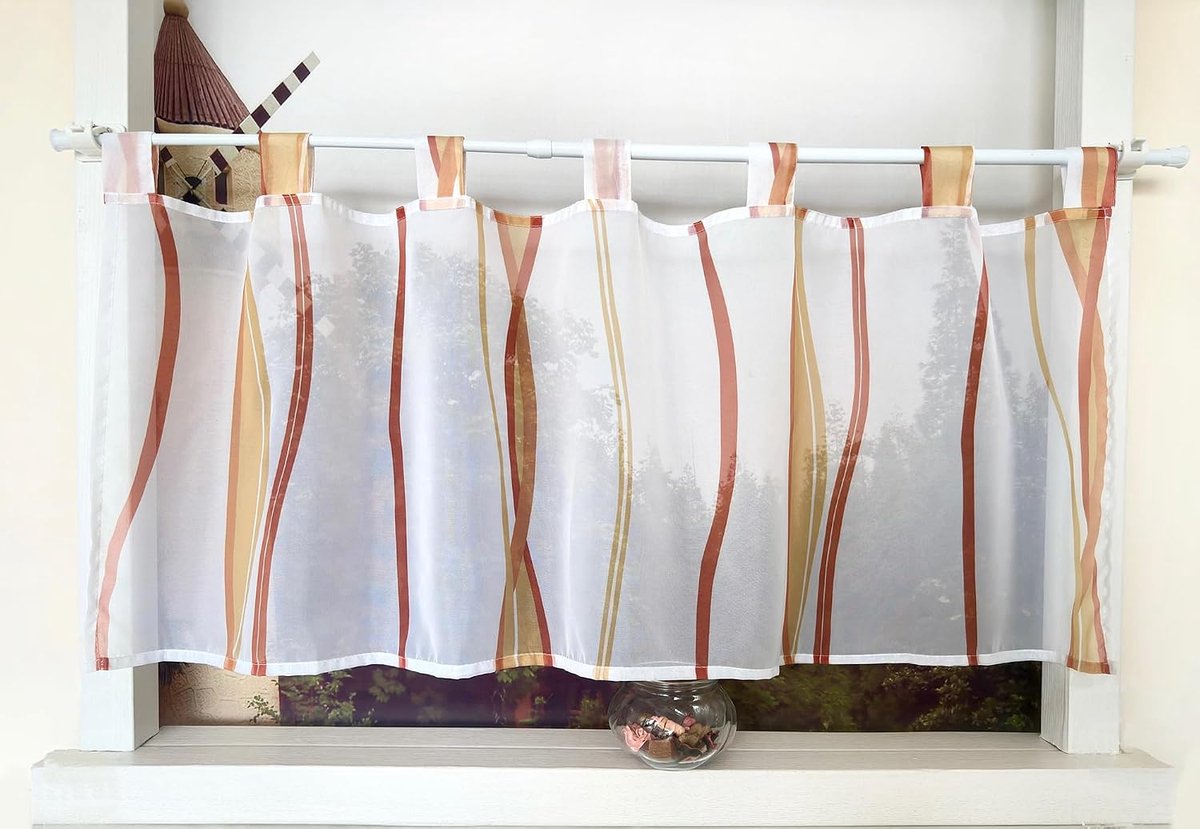 Vitrage met golfpatroon Gardine Print Korte gordijn met lussen Keukengordijn Kort Modern Voile Bistrogordijn Transparant HxB 30x90cm Oranje 1 stuk