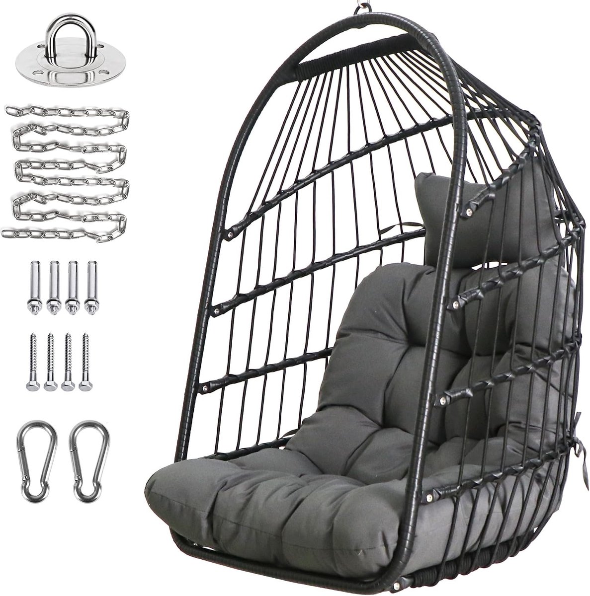 Eierstoel Opvouwbare Rieten Rotan Hangstoel Swing Stoel Indoor Outdoor Patio Rieten Stoel Hangmat Stoel met Rvs Opknoping Kit Chain Link UV Bestand Kussen Slaapkamer Balkon