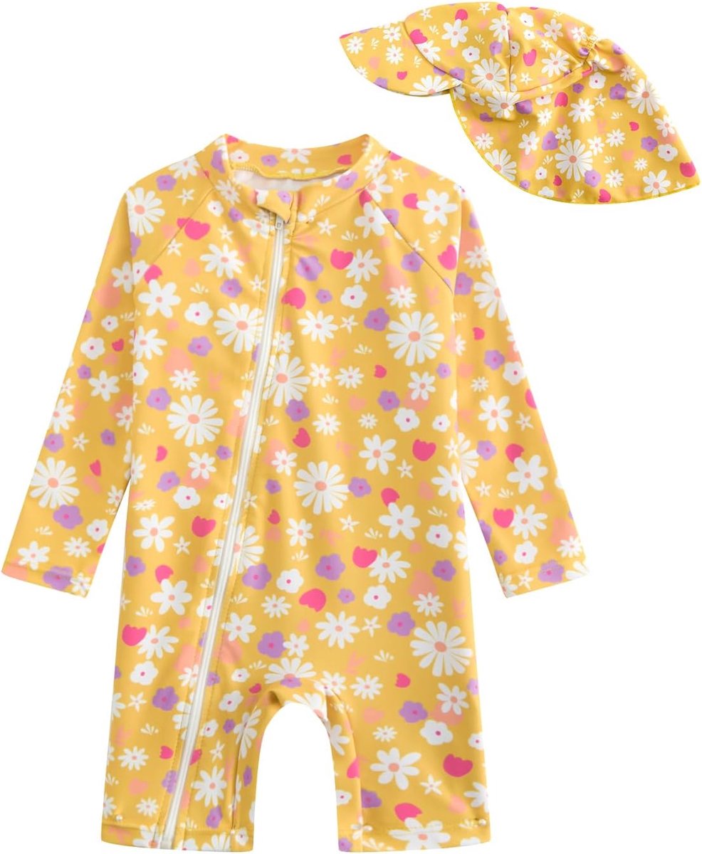 Badpak voor babymeisjes met zonnehoed, babymeisjes, lange mouwen, eendelige badmode met ritssluiting aan de voorkant voor 3M - 3T
