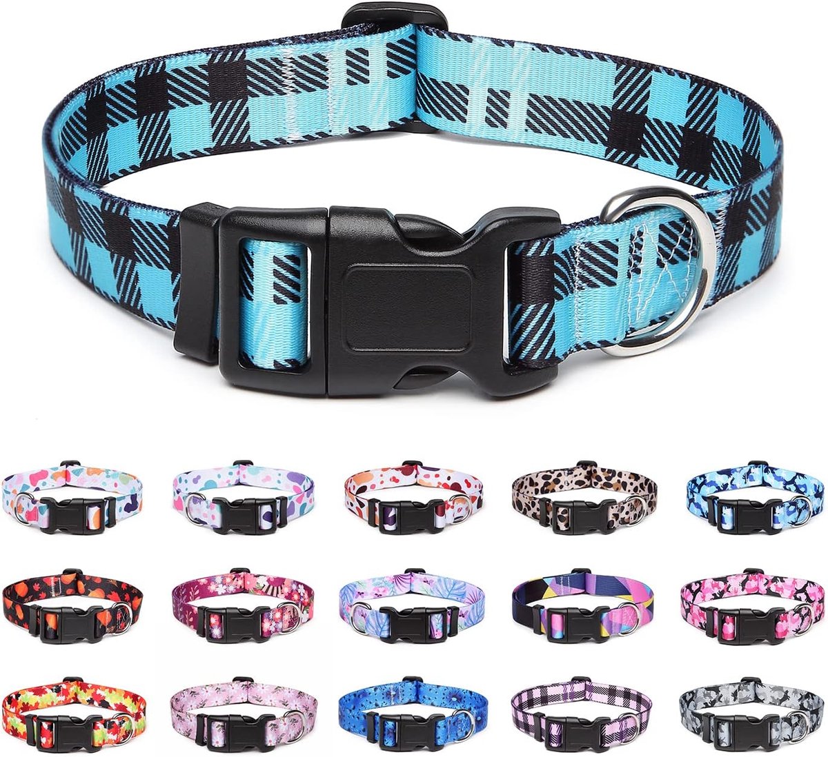Verstelbare nylon halsband met patronen, zachte comfortabele halsband voor kleine, middelgrote en grote honden (S, blauwe ruitjes)