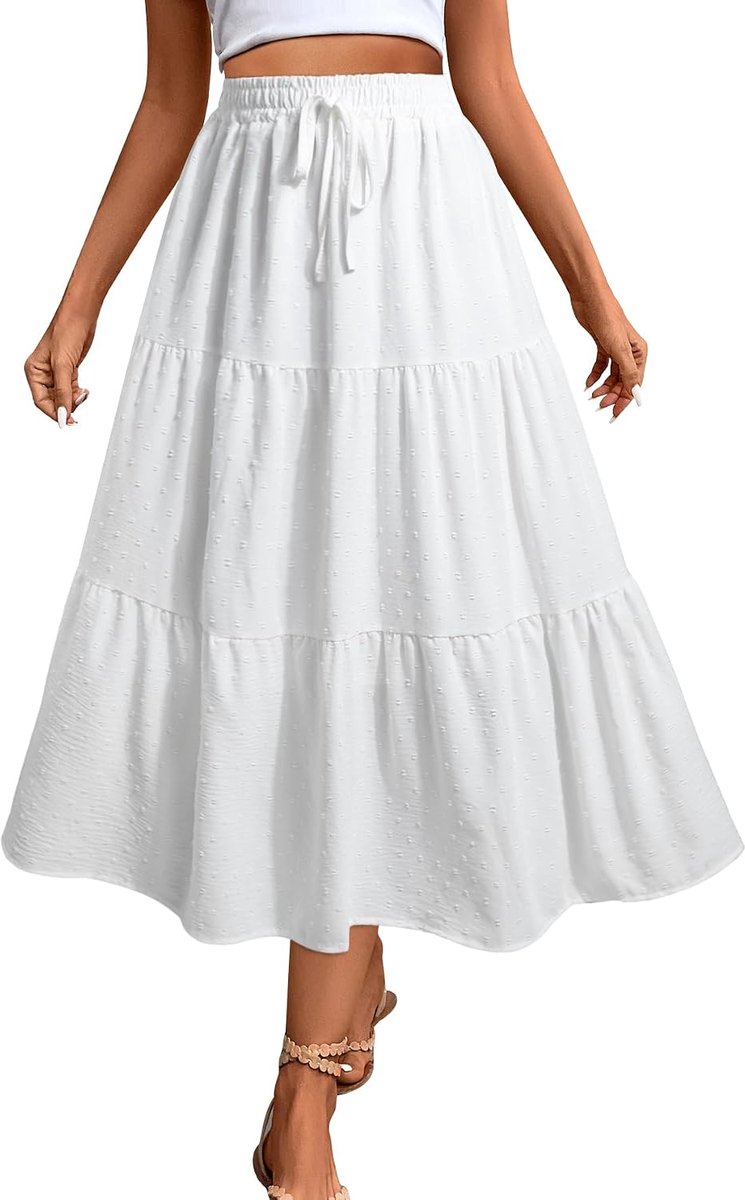 Lange damesrok met elastische hoge taille, vloeiende maxi-rok, Zwitserse stippen, casual boho-rokken met zakken en trekkoord