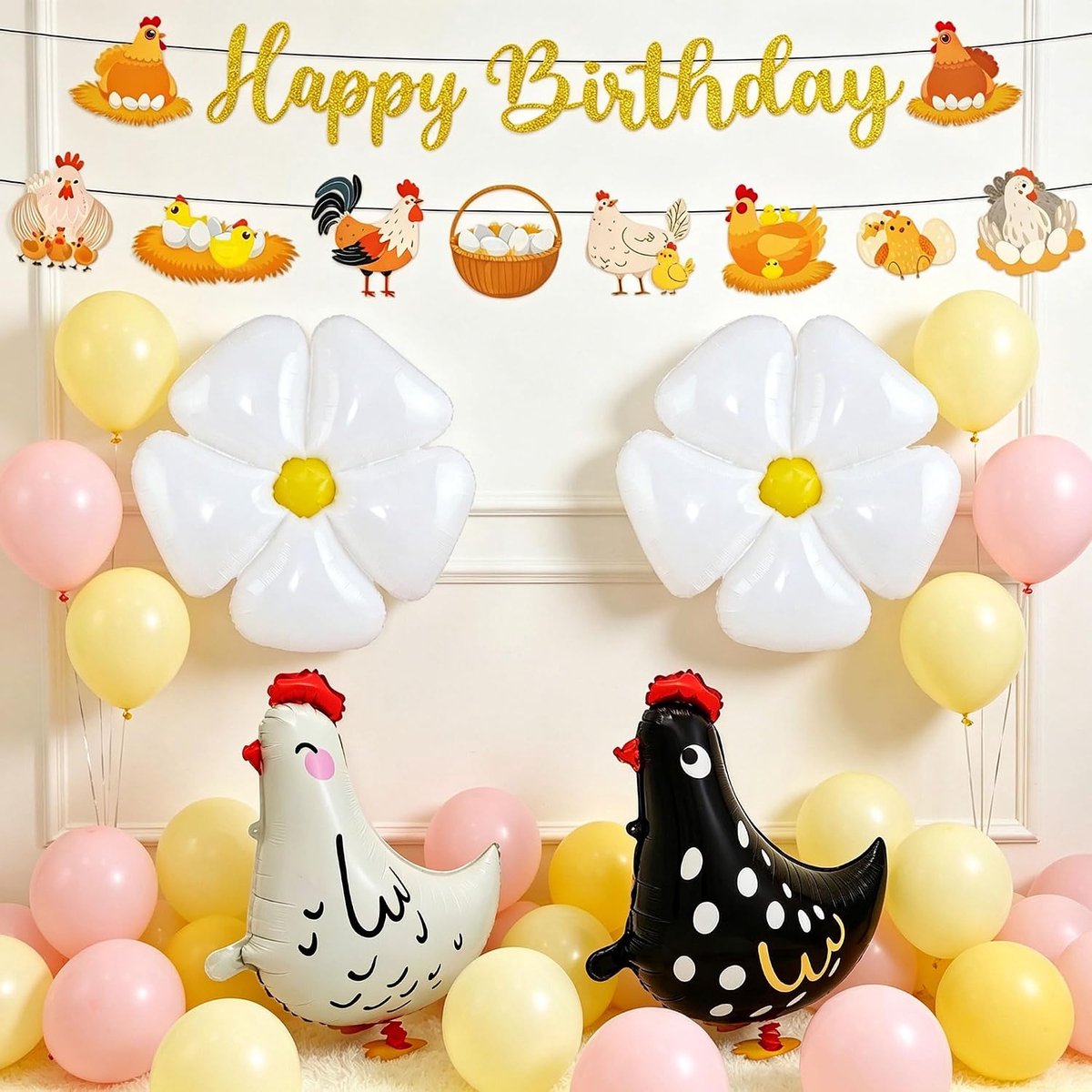 Ballonnen feestversiering | Huhn Boerderij Verjaardagsdecoratie Ballonnen Banier Roze Geel Feestversiering Kuikentjes Madeliefjes