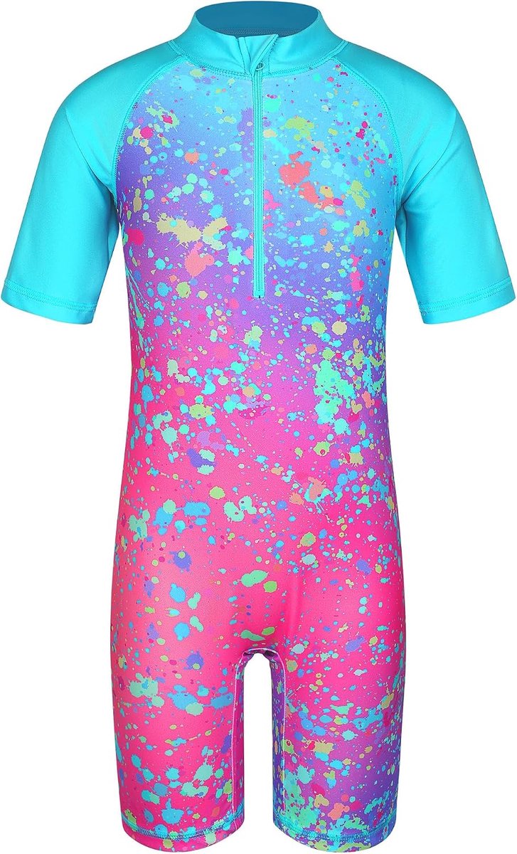 Badpak voor meisjes, 2-12 jaar, eendelig met uv-bescherming UPF50+, korte mouwen, ritssluiting aan de voorkant, kleurrijk printpatroon, ideaal voor zwemmen en strand