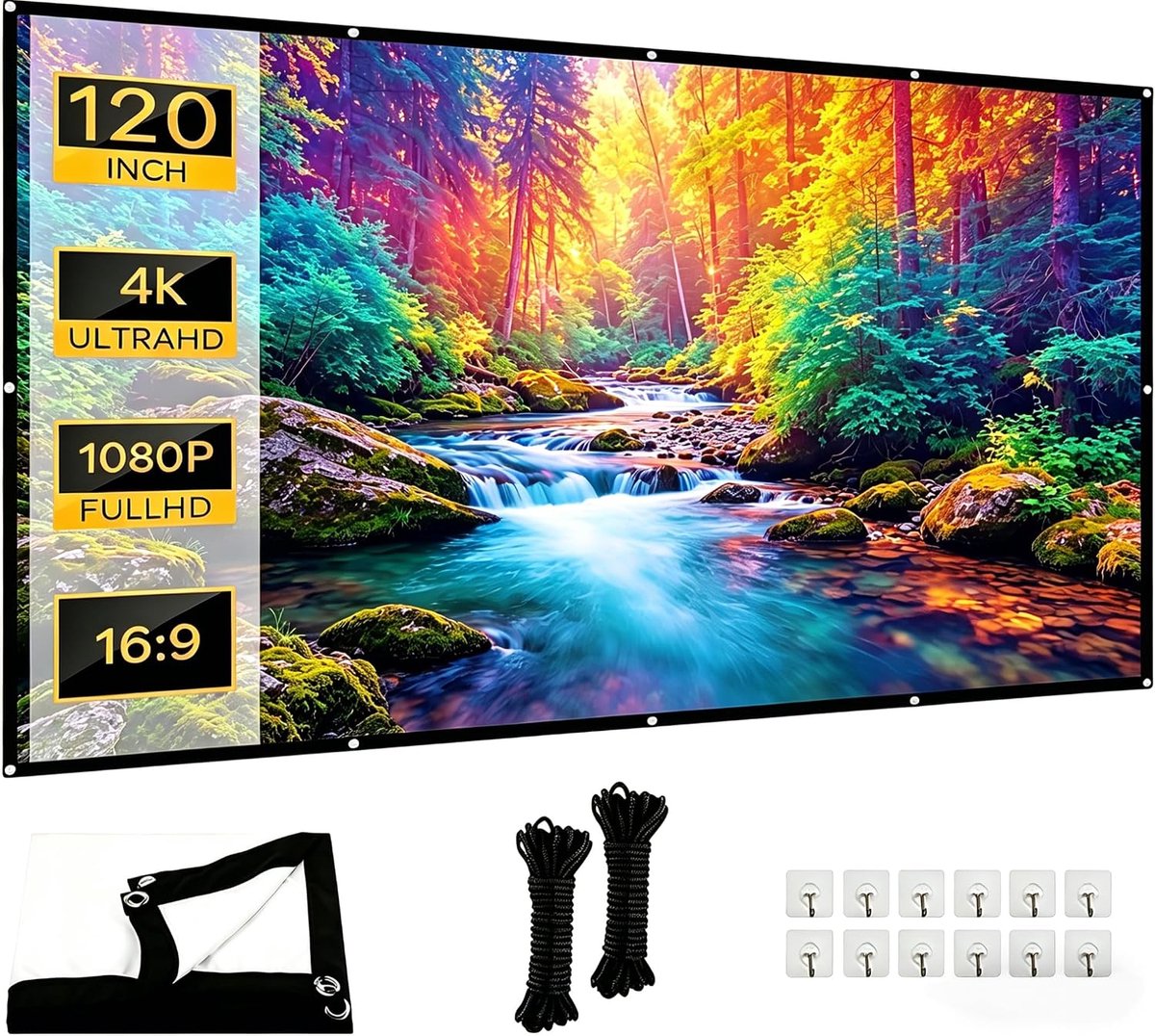 120 inch (16:9) HD-opvouwbaar, kreukvrij en dubbelzijdig projectieoppervlak, robuust afwasbaar, draagbaar canvas voor thuisbioscoop, school en vergaderingen