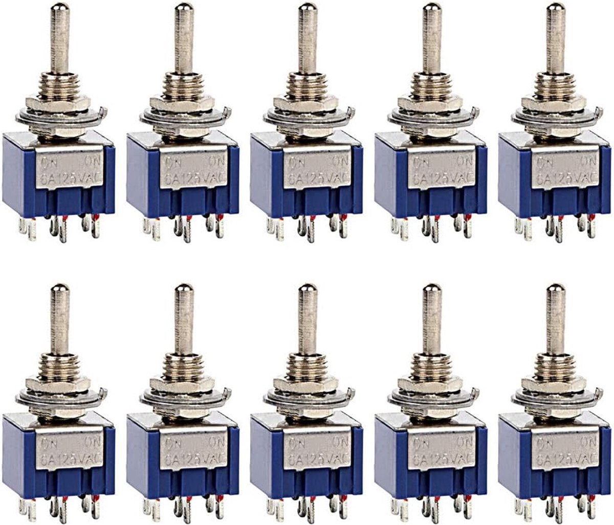 10 stuks ON-ON mini miniatuur tuimelschakelaar gitaar AC 6A/125V 3A/250V auto motor dashboard DPDT 6-pins 2-positie soldeeraansluiting blauw