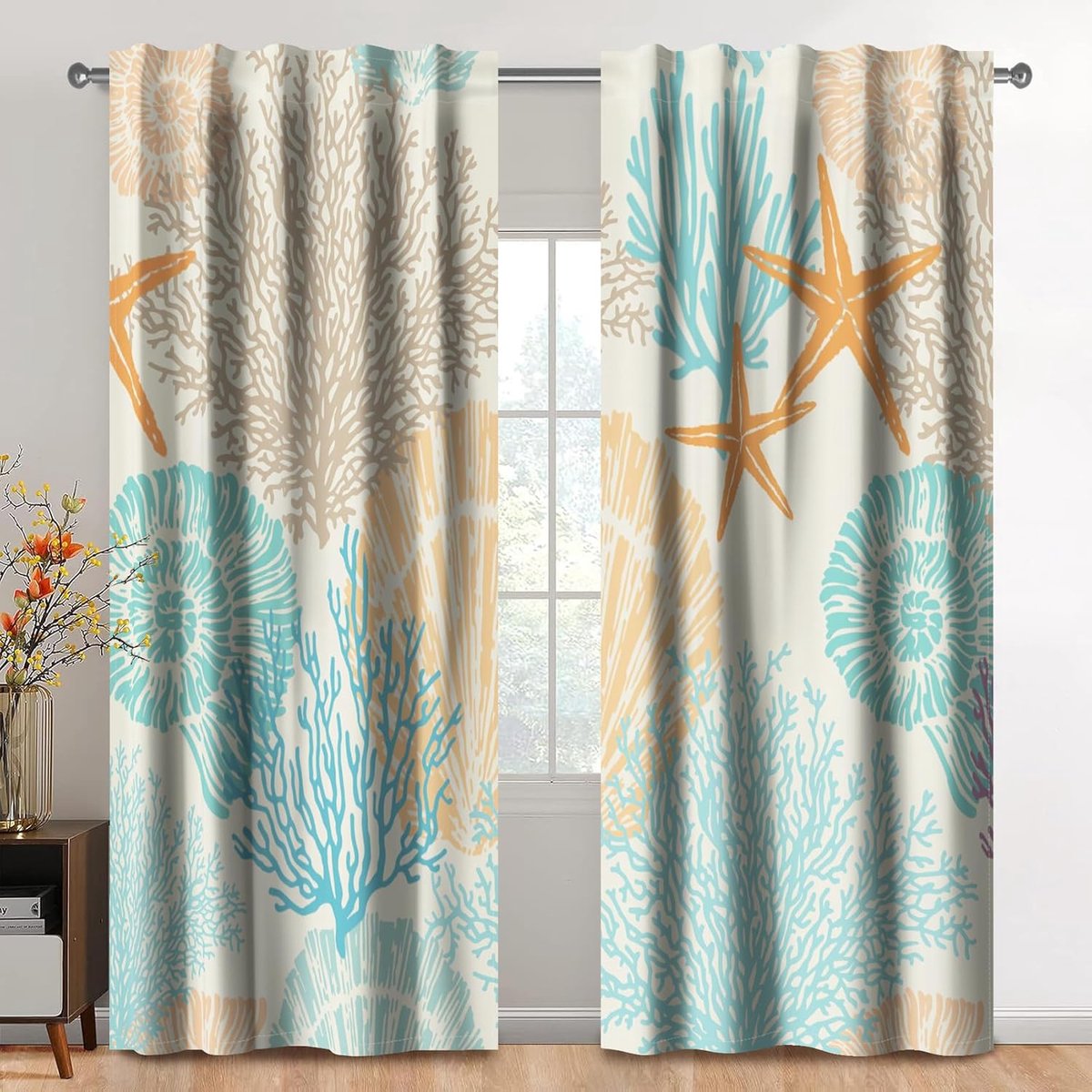 Panelen, oceaancreaturen, strandschelpen, koraal, zeester, lichtfiltergordijn, decoratie lichtblauw oranje, voor slaapkamer en woonkamer, 107 x 160 cm