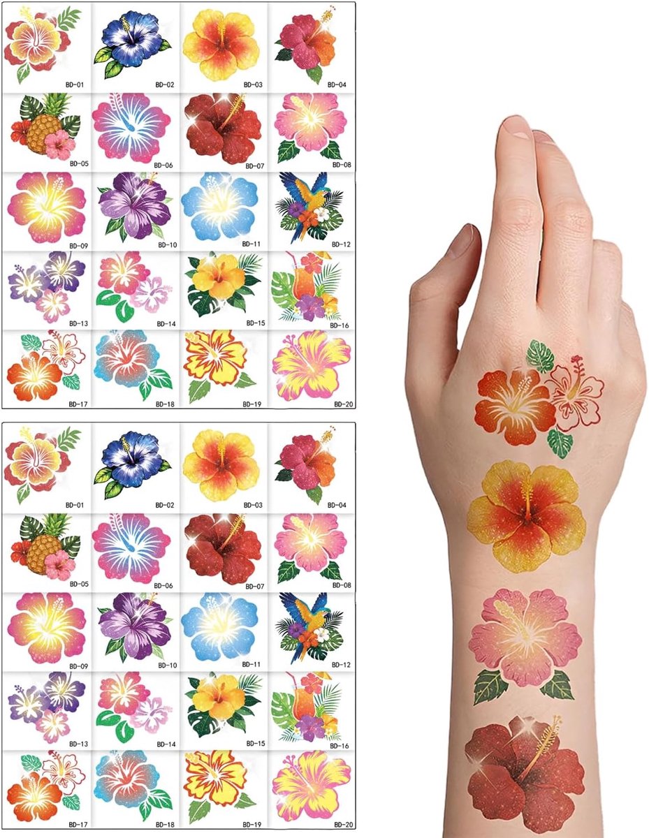 Tijdelijke tatoeages, 40 stuks (20 motieven), waterdichte glittertatoeages voor Hawaii-feestdecoratie en zwembaddecoratie, huidvriendelijke tattoos zonder lijmresten