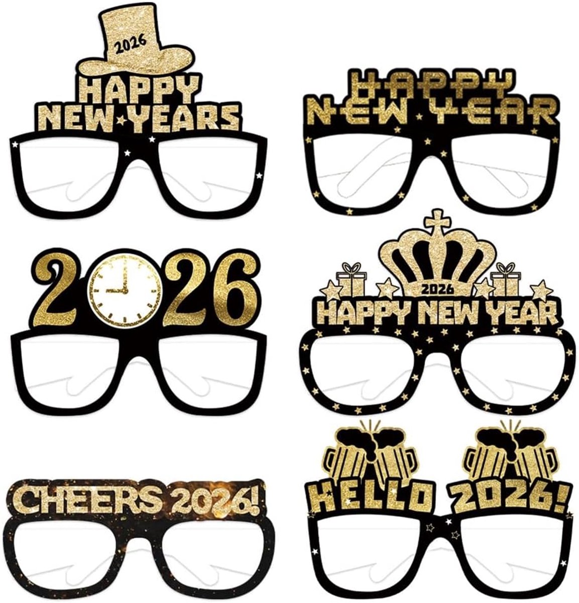 Bril 2026 Gelukkig Nieuwjaar Bril Oudejaarsavond Decoratie Zwart Goud Happy New Year Partybril Nieuwjaar Decoratieve Bril voor Foto Props Oudejaarsavond Party Decoratie Accessoires