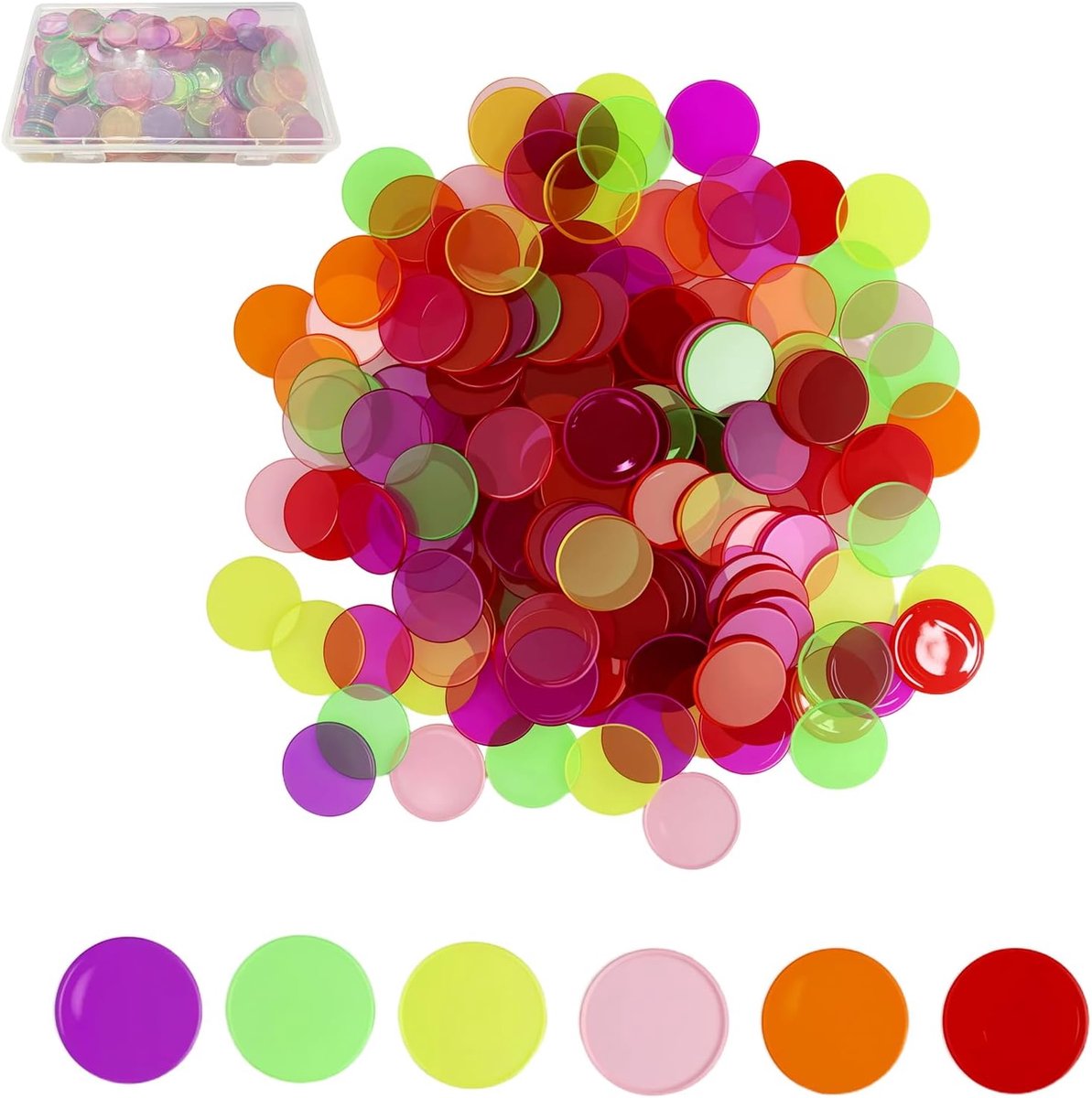 300 stuks bingo-kaarten, transparant met tellers, kleine bingo-chips