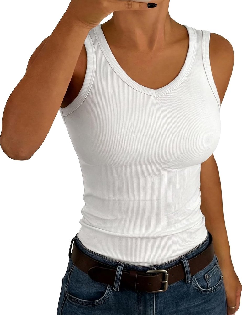 Tanktop voor dames, V-hals, slim fit, geribbeld, zomer | Mouwloos, sexy, stretch, basic, onderhemd, casual voor dagelijks gebruik, vrije tijd, effen kleur