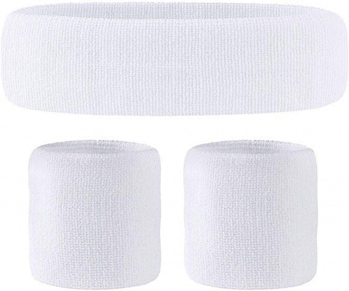 Witte hoofdband zweetbanden en polsbandjes set, jaren 80 fancy dress voor vrouwen kleding jaren 80 accessoires, jaren 80 kostuums outfits voor meisjes en jongens, jaren 80 fun run teams cosplay