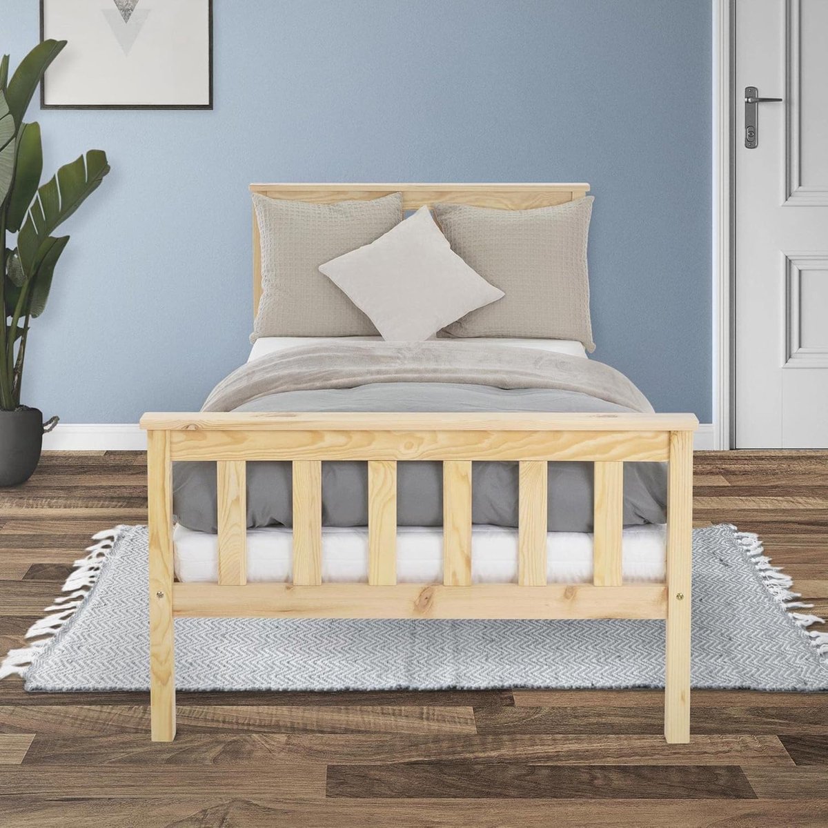 Houten Bed 90 x 200 cm Natuurlijk Massief Grenen Ledikant met Lattenbodem en Voeten Eenpersoonsbed met Hoofdbord en Voetenbord, Bed voor Kinderen en Volwassenen Massief Houten Kinderbed
