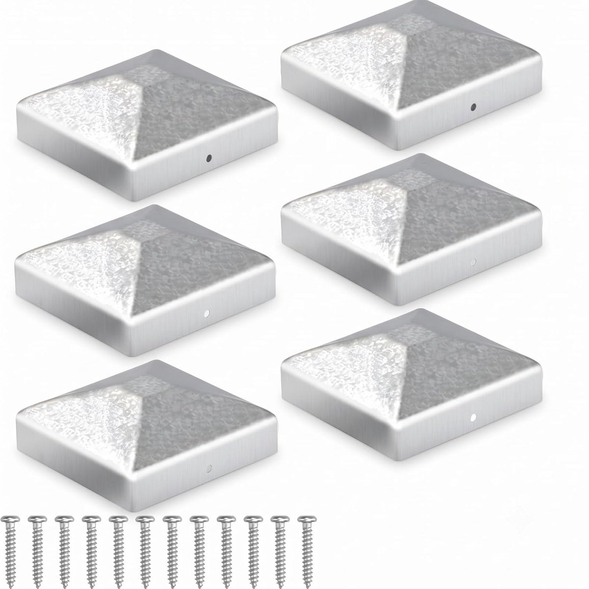 70x70mm verzinkt, plat/piramidevormig, 6 stuks met 12 schroeven, voor hekpalen, houten palen en metalen palen