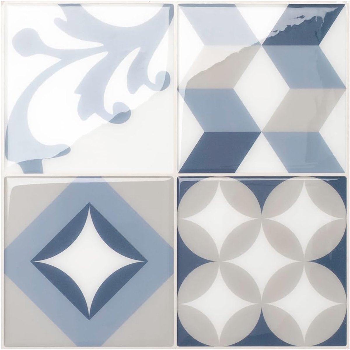 Tiles Plaktegels Zelfklevend, Vierkant Blauw-Grijs, 22,86x22,86 cm | Set van 5 (0,26 m²), Glanzend, Hitte-/vochtbestendig, Laag VOC, Keuken/Badkamer, Ideaal voor huurders, Gemaakt in Canada
