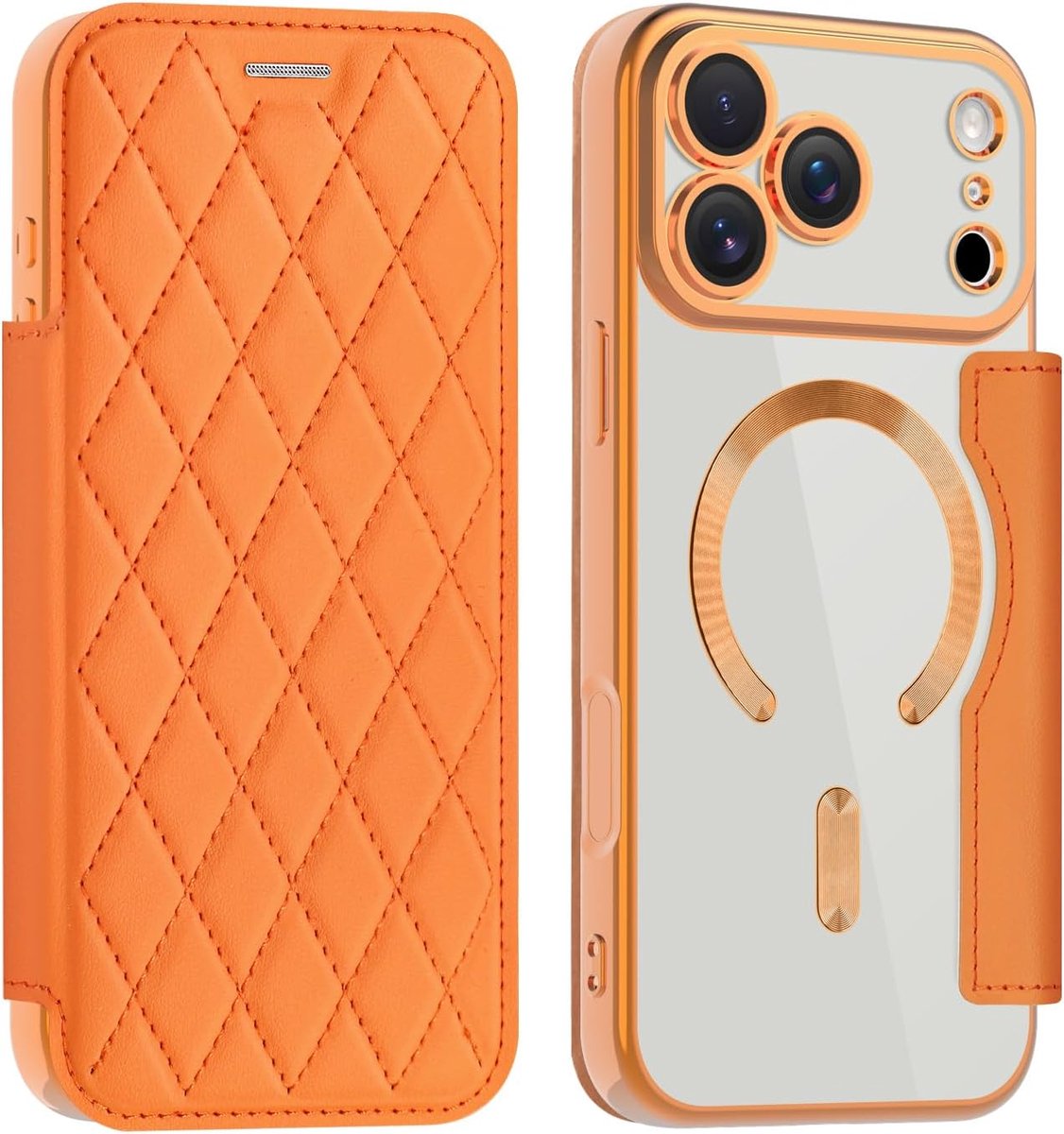 Hoes voor iPhone 17 Pro Max, flipcase van PU-leer met kaartsleuven en RFID-bescherming, ondersteunt draadloos opladen, camerabescherming, transparante hoes