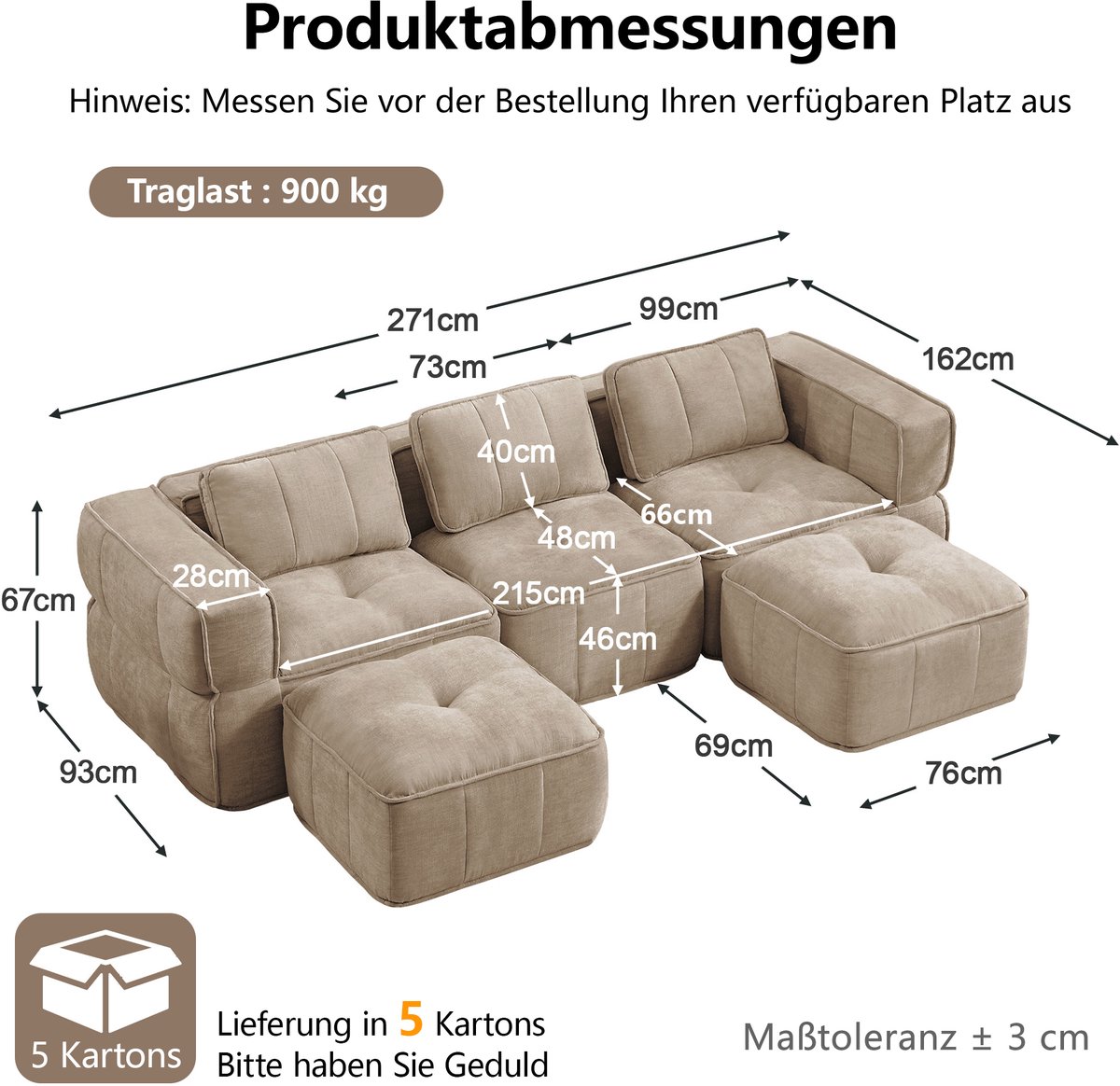 MIVRAY Bank 3-Zits U-Vormig 271 Cm Met 2 Hockers - Modulair Zonder Frame - Voor Woonkamer - Polyester - Sand