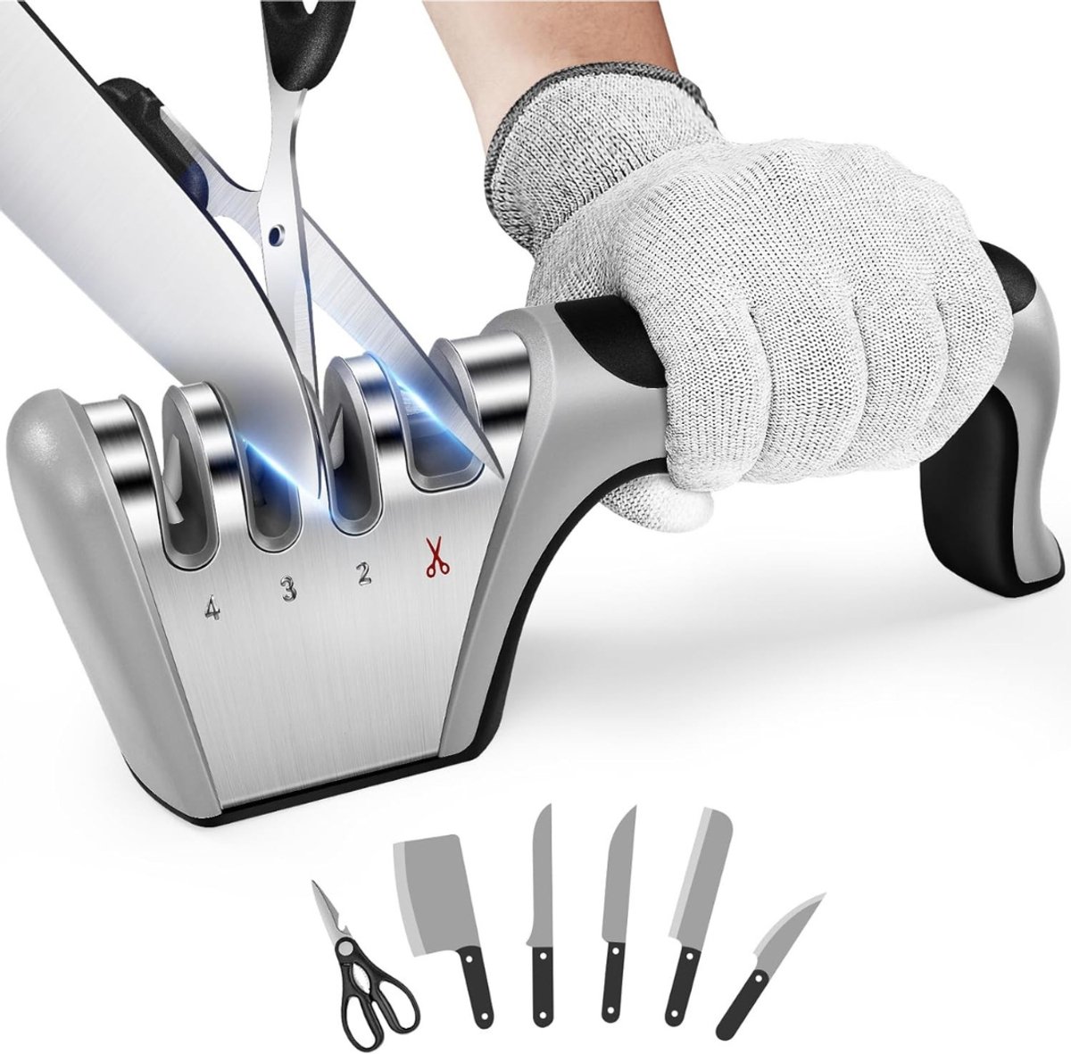 QUOVO® Professionele Messen Slijper - 4 in 1 - Met Anti-snij Handschoen - Voor Keuken- en Scharen - Zilver - 5cm x 7cm x 15cm