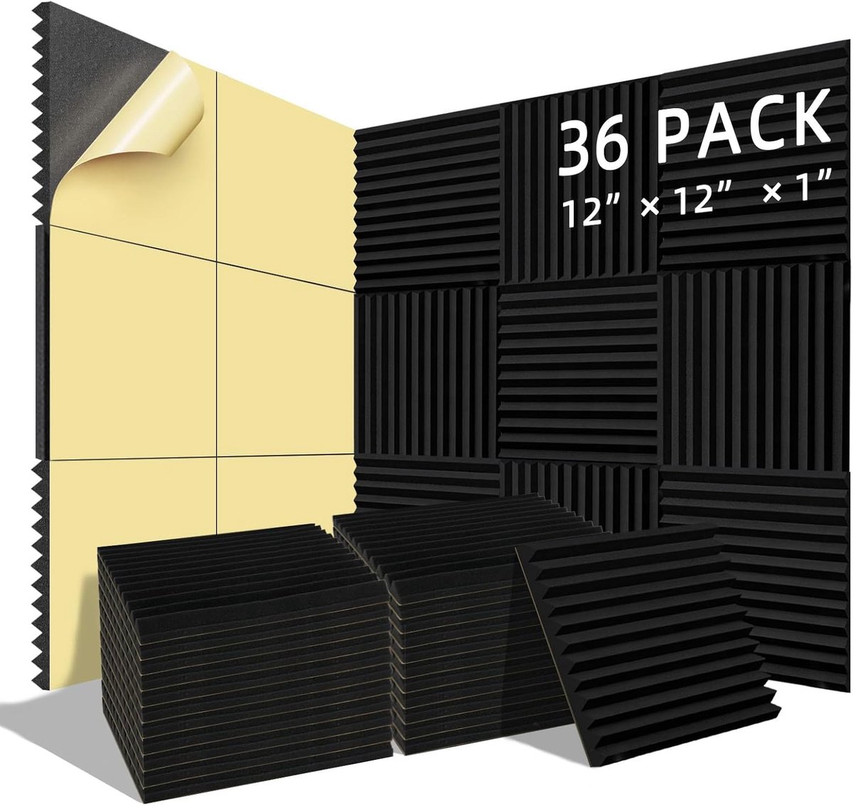 30 x 30 x 30 cm akoestische schuimpanelen - geluidsdichte tapepanelen - zwart - studioschuim voor muur en plafond - 36 stuks