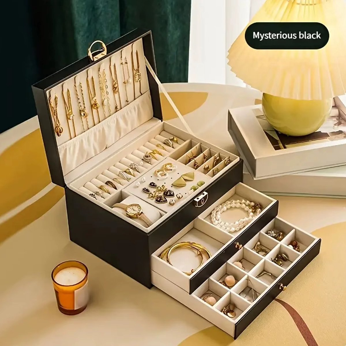 Cherrys Finds - Sieradendoos - 3-Laags Sieradendoos - Organizer – Sieradenkoffer met Slot – Juwelendoos - Sieradenhouder - 15 Ringgleuven - Oorbellenhouder, Ketting- & Horlogelades – Sieraden Organizer - Compact, Draagbaar & Ruimtebesparend - Zwart