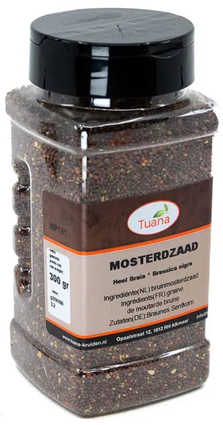 Plastic bakje met bruine mosterdzaadjes van Tuana. Bevat 300 gr mosterdzaad.