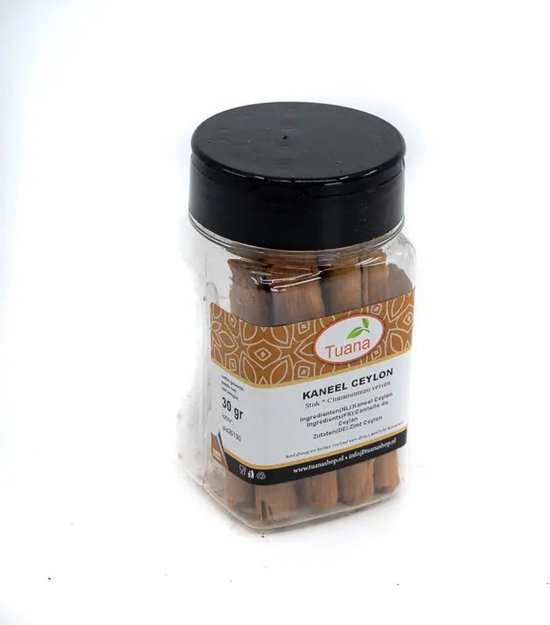 Pot met kaneelstokjes, 30 gr, met etiket 'Tuana Kaneel Ceylon'