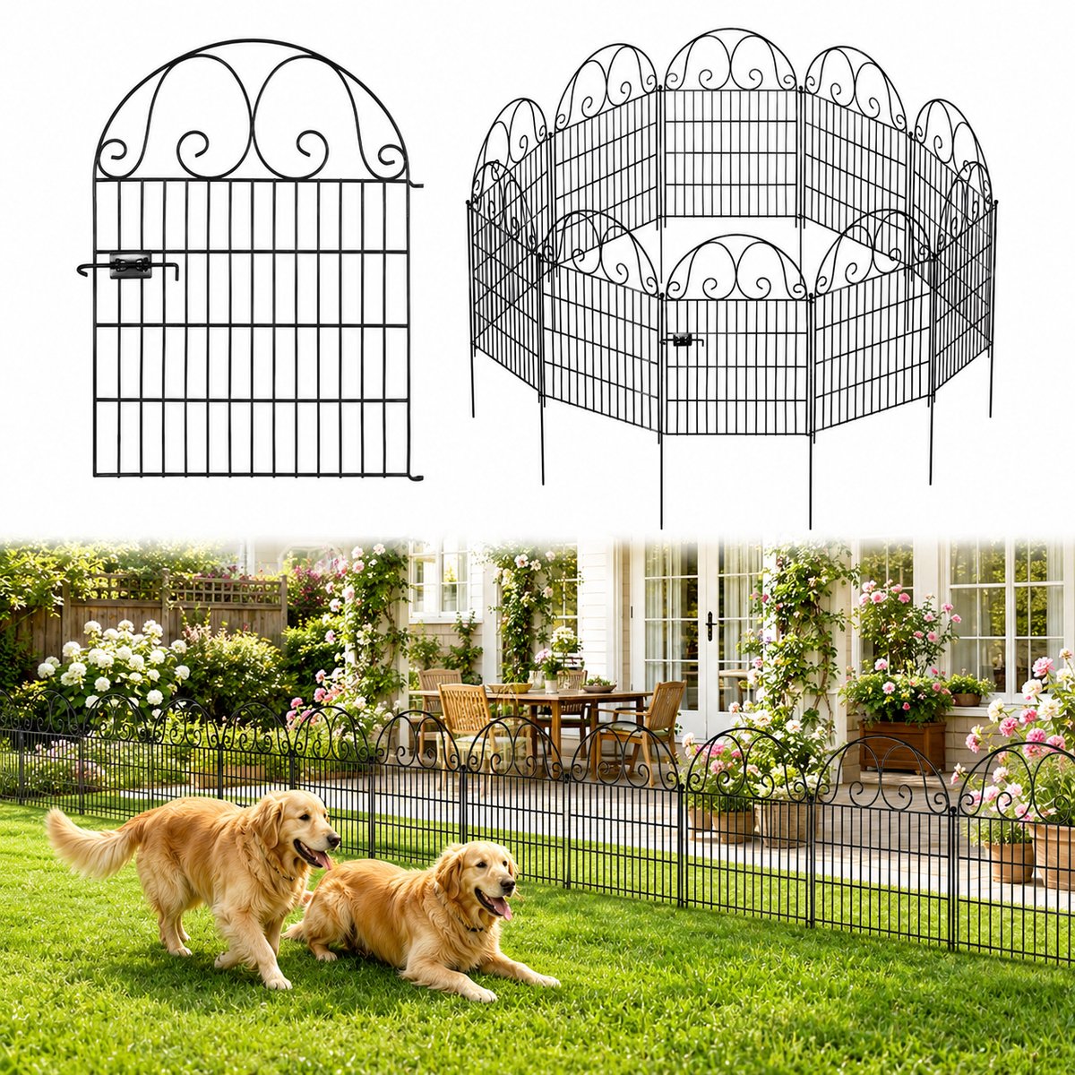 Lemlit Tuinhek met Poort 12 Delig - Metalen Insteekhek, Hondenhek, Dierenhek en Tuinomheining met 11 Panelen + Hekpoort - Borderhek voor Tuin Gazon Vijver en Huisdieren - 68 x 91,5 cm - Zwart
