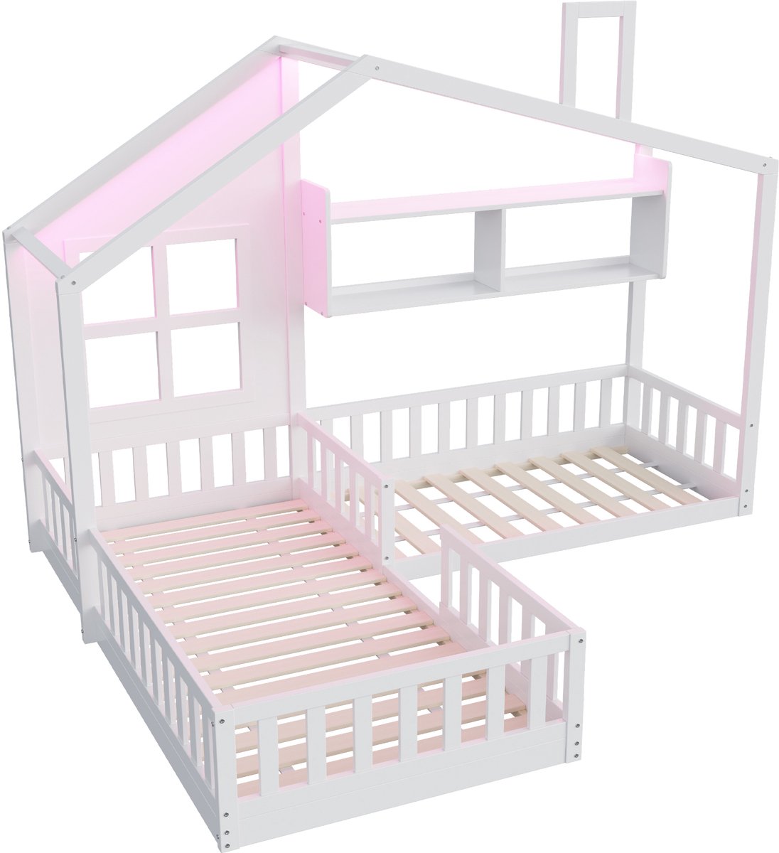 MUVANO Kinderbed 90x200 - Huisbed - Vloerbed-Kinderbed met LED – Massief hout –Uitvalbeveiliging – Planken - Raam - Kinderkamer - 90x200cm- 1 Stuk-Wit