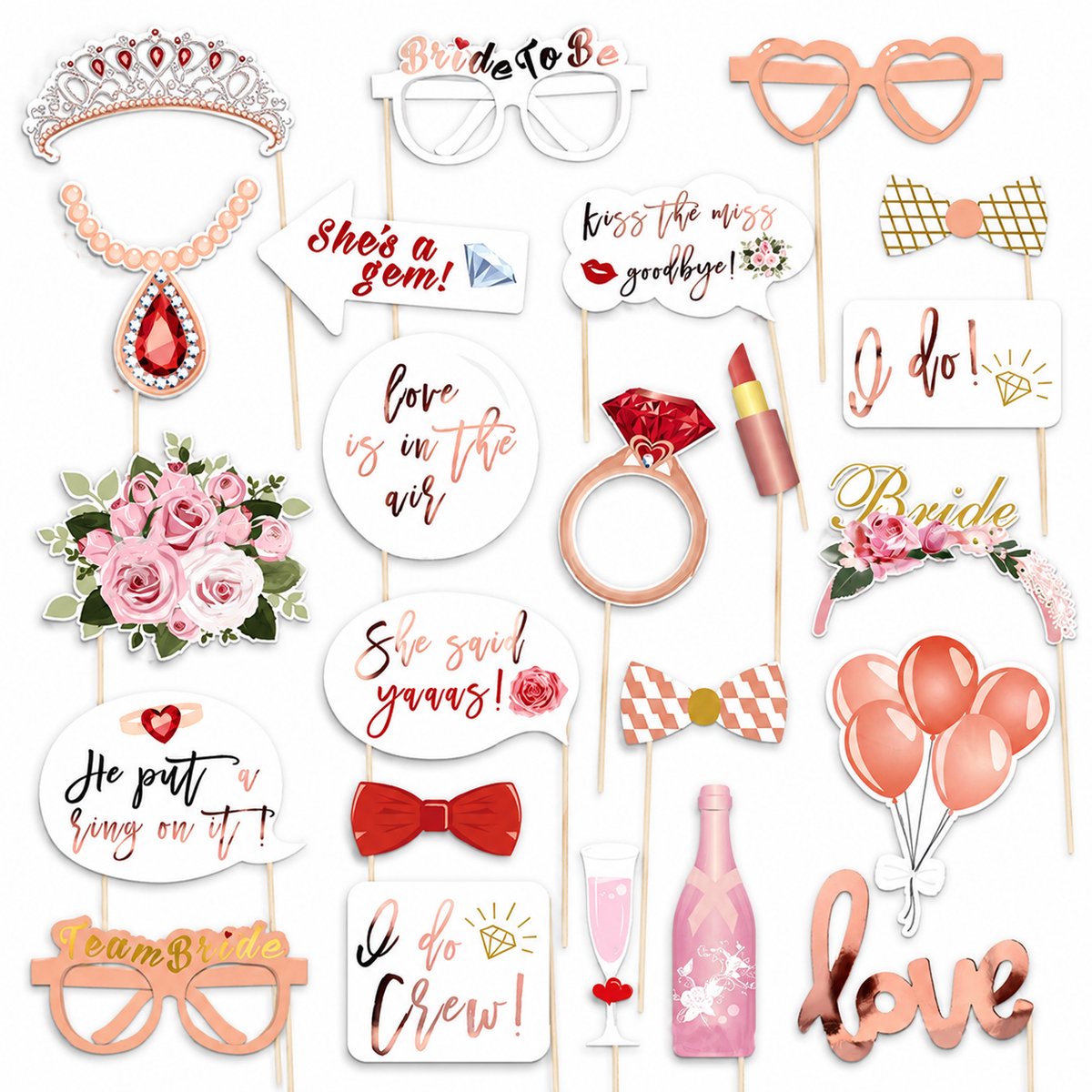 Gloovon® Vrijgezellenfeest Props - Photobooth Rekwisieten - Stevig Karton - Roze & Roségoud - Complete 23-Delige Set