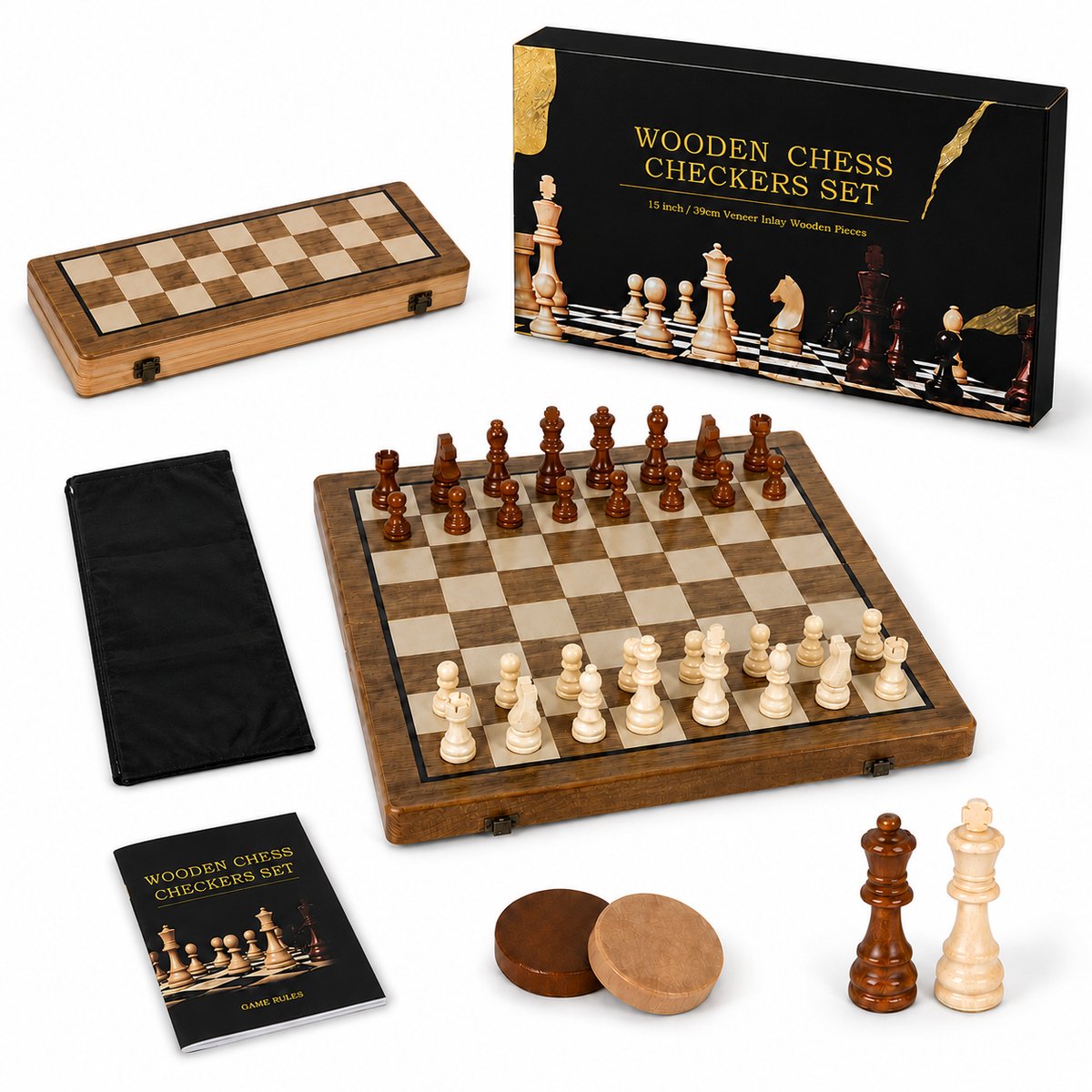 YYchan Schaakbord-Luxe Houten Schaakspel-Opvouwbare Schaakset-Magnetisch Schaakbord-Complete Set Van Beginner Tot Expert-Inclusief Strategieboekje-40CM