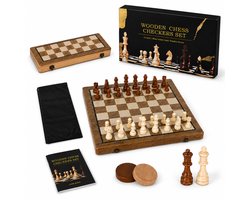 YYchan Schaakbord Hout Magnetisch 40 cm - Luxe Houten Schaakspel met Schaakstukken - Opvouwbare Schaakset / Chess Set - Extra Koningin - Compleet Bordspel voor Beginners, Volwassenen en Kinderen - Inclusief Strategieboekje