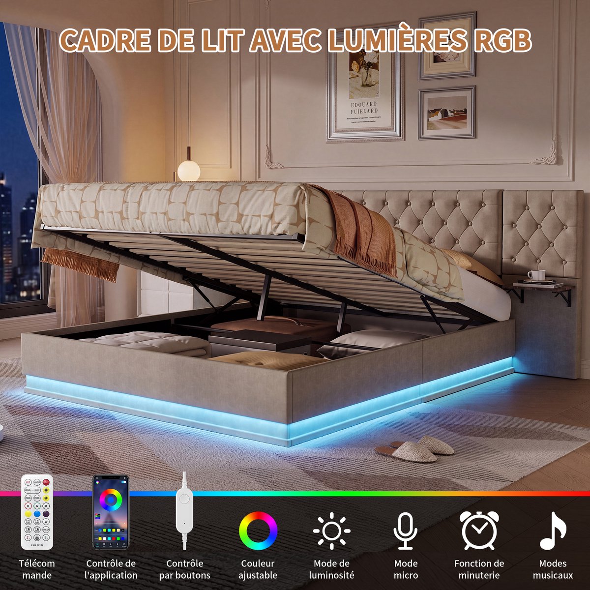 Gestoffeerd bed 140x200cm met LED-verlichting en USB/Type-C-aansluiting, hydraulisch opbergbed, tweepersoonsbed met 2 nachtkastjes, breed hoofdeinde, hydraulisch opbergbed, Liene, beige (matras niet inbegrepen)