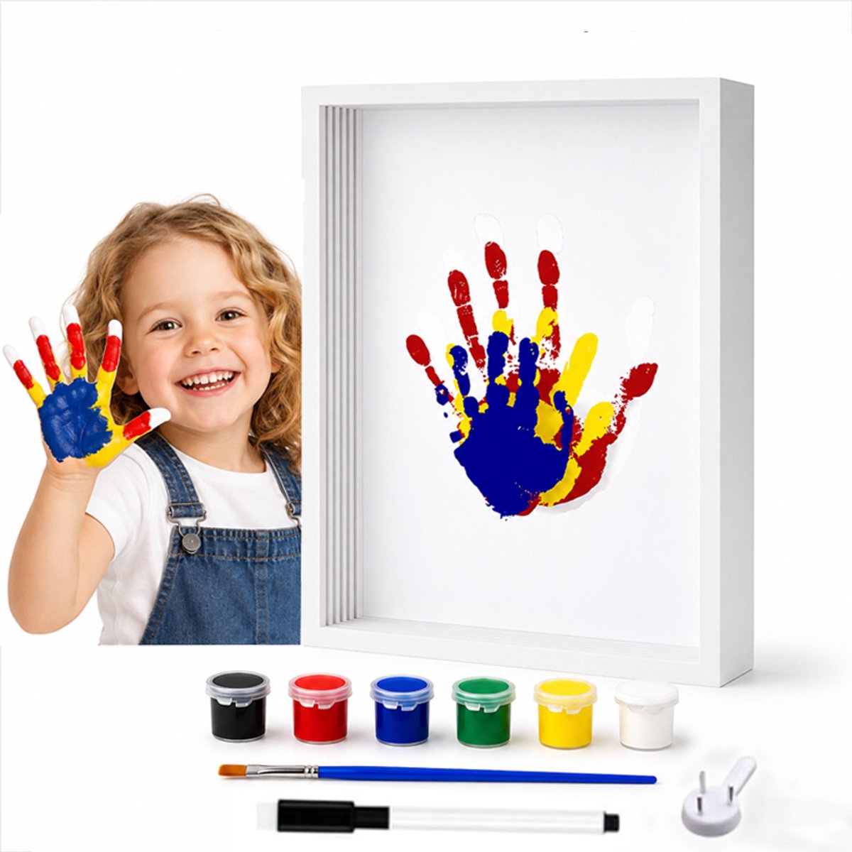 Bobypet - Handafdrukset - DIY familie handafdrukset met houten fotolijst - Herinneringscadeau voor ouders en baby - Voor Moederdag, Vaderdag en als kraamcadeau - 22,5 x 31,4 x 4 cm - Wit
