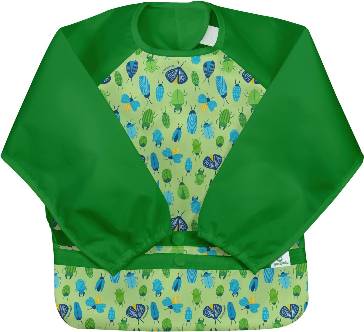 Green Sprouts Snap & Go Mouwslab met Opvangbakje – Waterdichte Kinder Knoeislab met Mouwen - Groen Insecten - 2-4 jaar