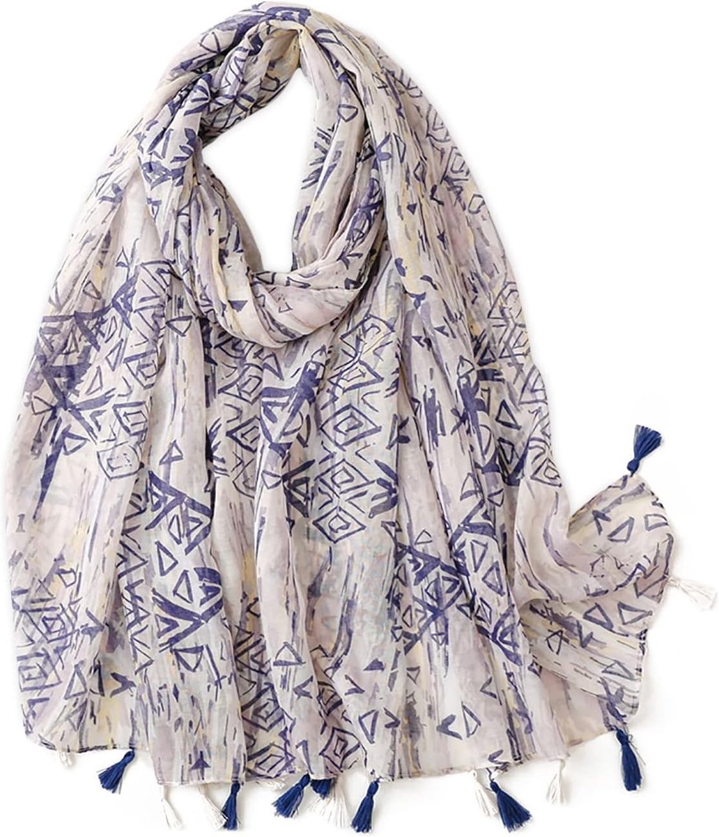 Elegante Voile Sjaal voor Dames met Bloemenprint en Geometrische Patronen - Lichtgewicht, Zachte Wrap met Franje in Paars, One Size