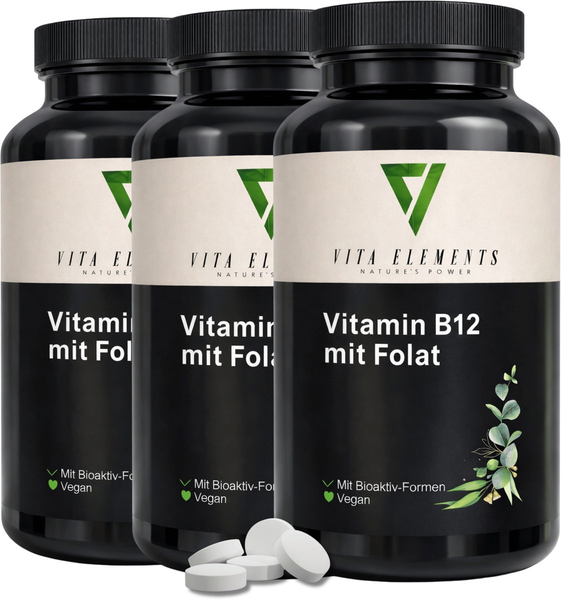 Vita Elements Vitamine B12 met Actief Foliumzuur (5-MTHF) Tabletten - Methylcobalamine - Veganistisch - Suikervrij - 180 Tabletten - Getest - Set van 3
