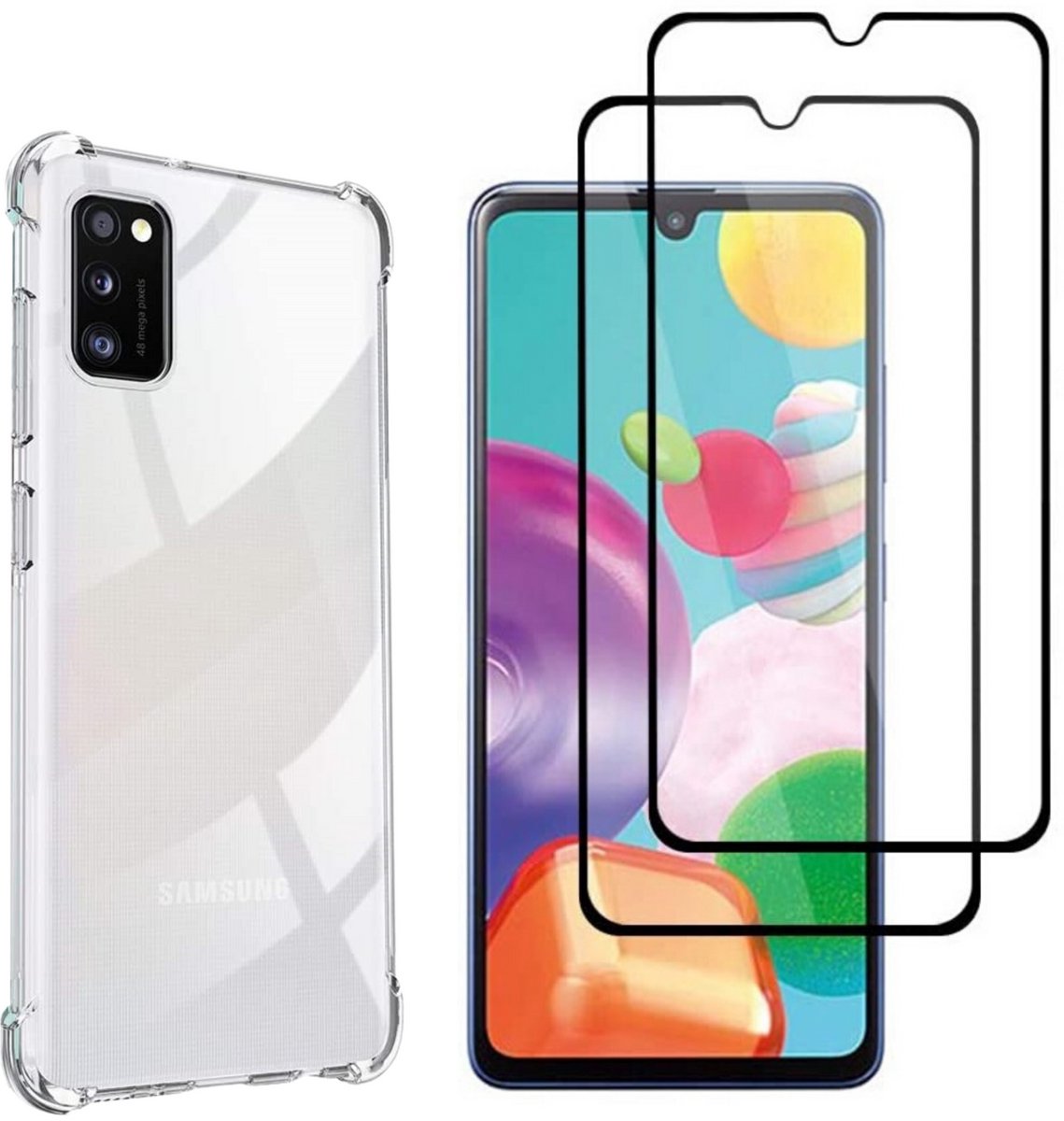 Hoesje geschikt voor Samsung Galaxy A41 backcover Shockproof siliconen Transparant en 2 stuks Screenprotector Gehard Glas