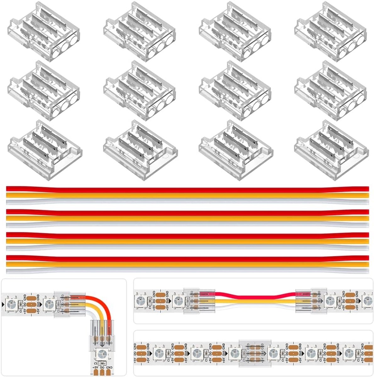 SnelShoppen - 3-Pin LED Connectoren, 10 mm, 12 Stukken, Transparant, 15 cm Lange Verlengkabel, 22 AWG, Verbinding voor RGB LED Strips, Ideaal voor Fee