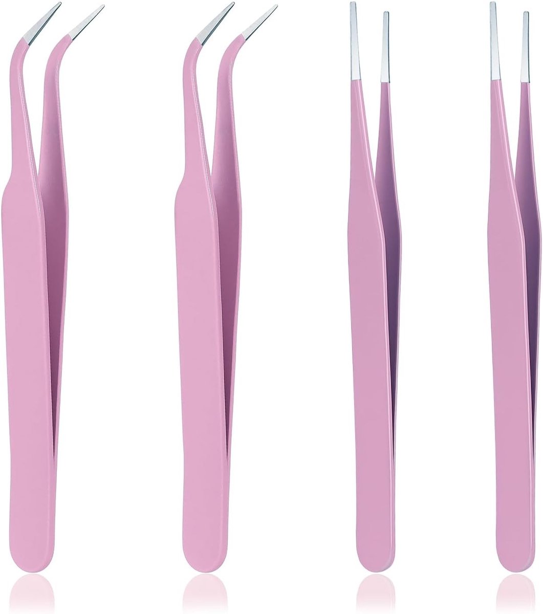 Set van 4 Wimperpincetten met Rechte en Gebogen Tips voor Valse Wimpers, Knutselen en Sieraden in Zacht Roze