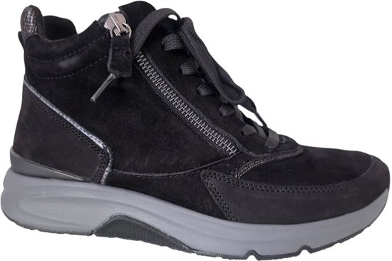 Zwarte Gabor veterboot met rits, grijze zool en glitterdetail.