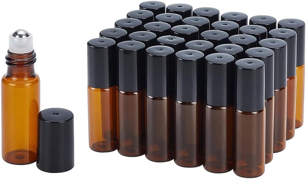 SnelShoppen - 30 Stuks Amber Glazen Flessen met RVS Rolbollen voor Essentiële Olie en Vloeistoffen, 5 ml, Lekvrij en Corrosiebestendig